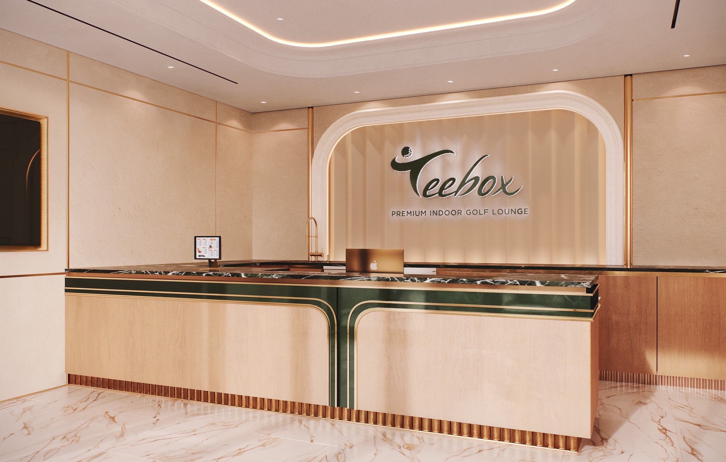 Design visualization of an indoor golf lounge reception — warm veneer counter with dark-green and brass detailing beneath a curved backlit feature wall