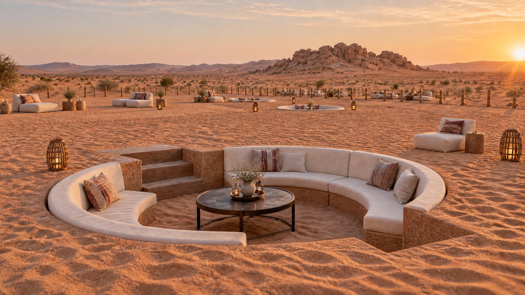 Design visualization of a sunken circular desert majlis at dusk — curved built-in seating in the sand with lanterns