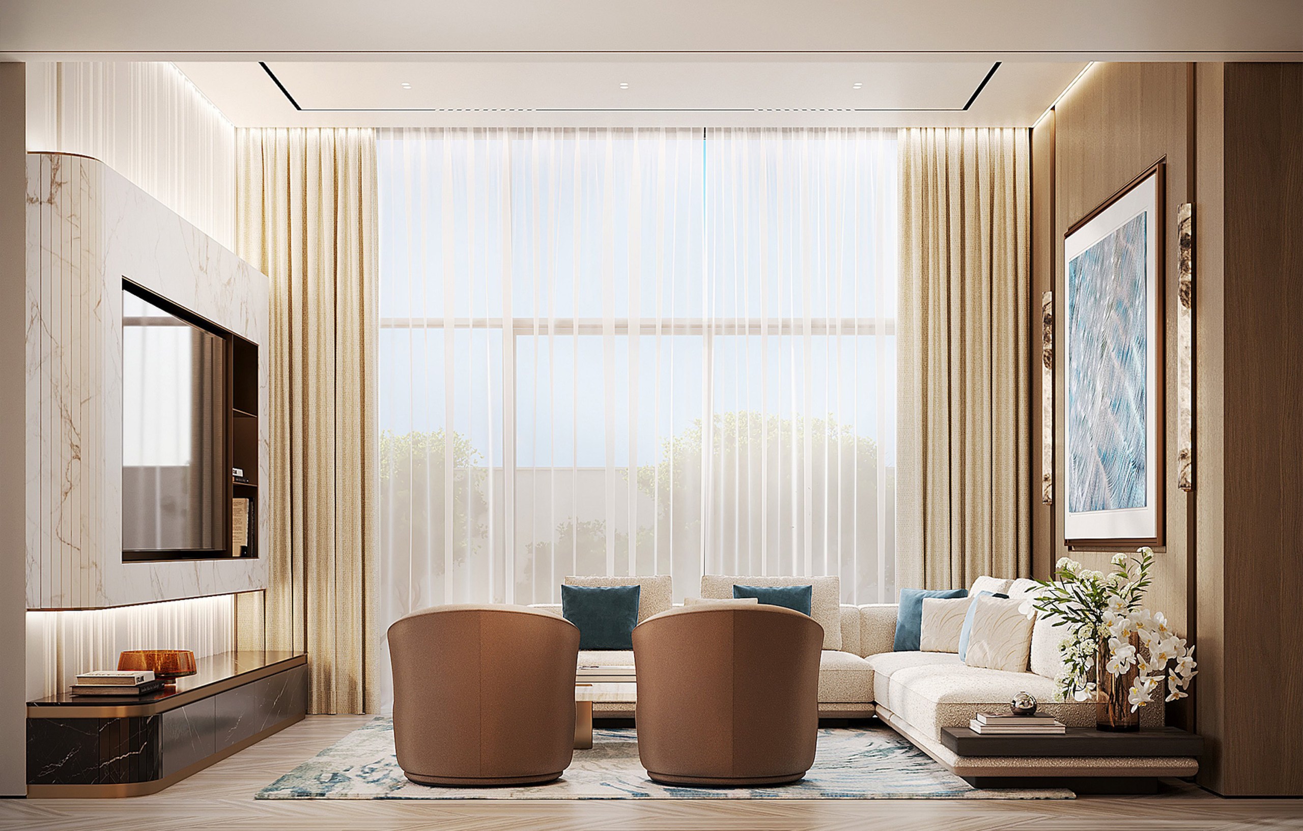 Design visualization of a warm timber villa living room — taupe sofas, sheer curtains and a marble-clad TV wall