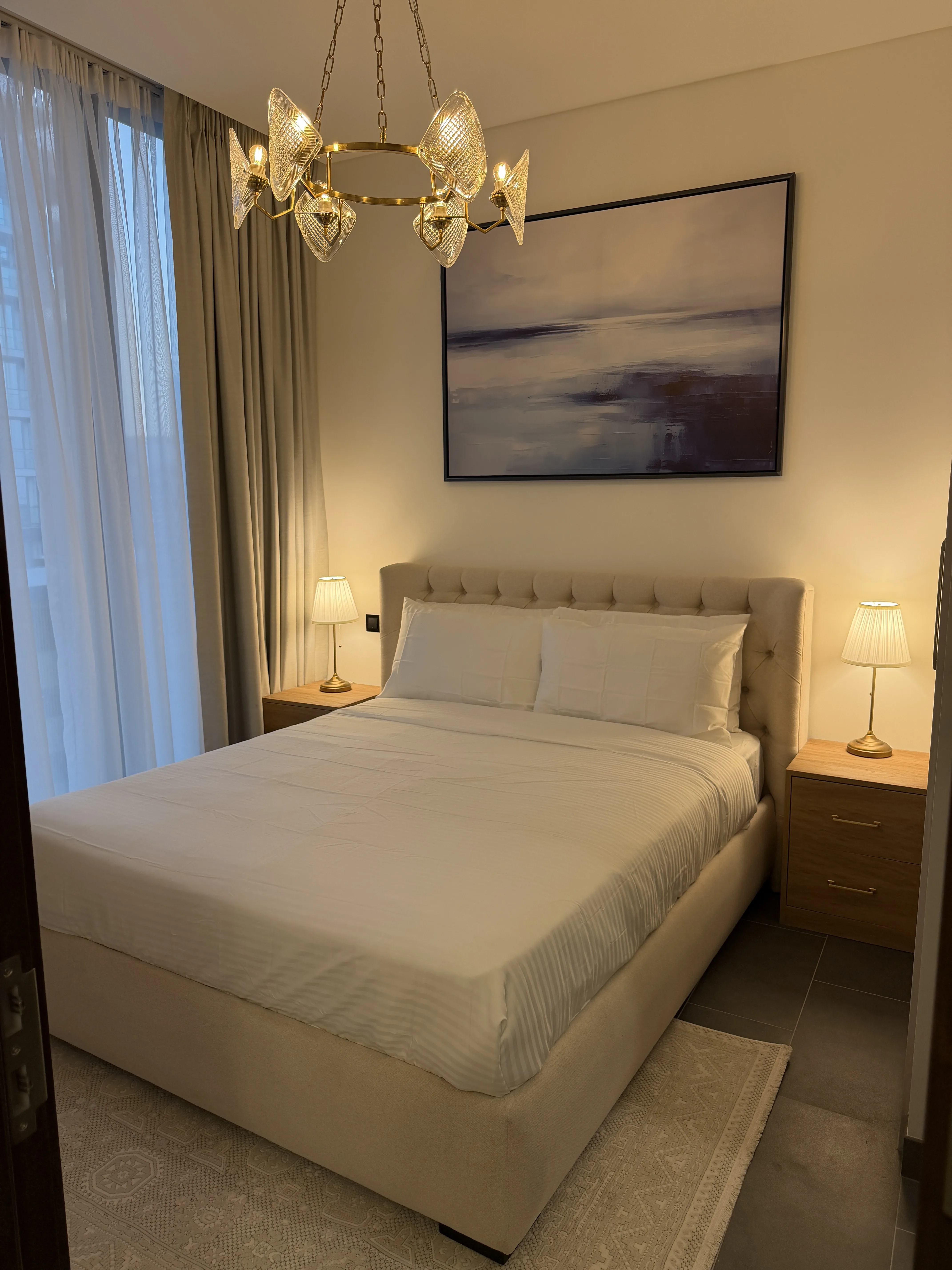 Completed master bedroom with custom built-in wardrobe at Sobha Crest holiday home, Dubai