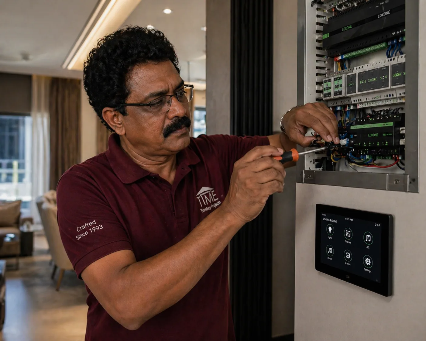 Time Furniture technician commissioning a Loxone smart-home automation panel in a Dubai residence