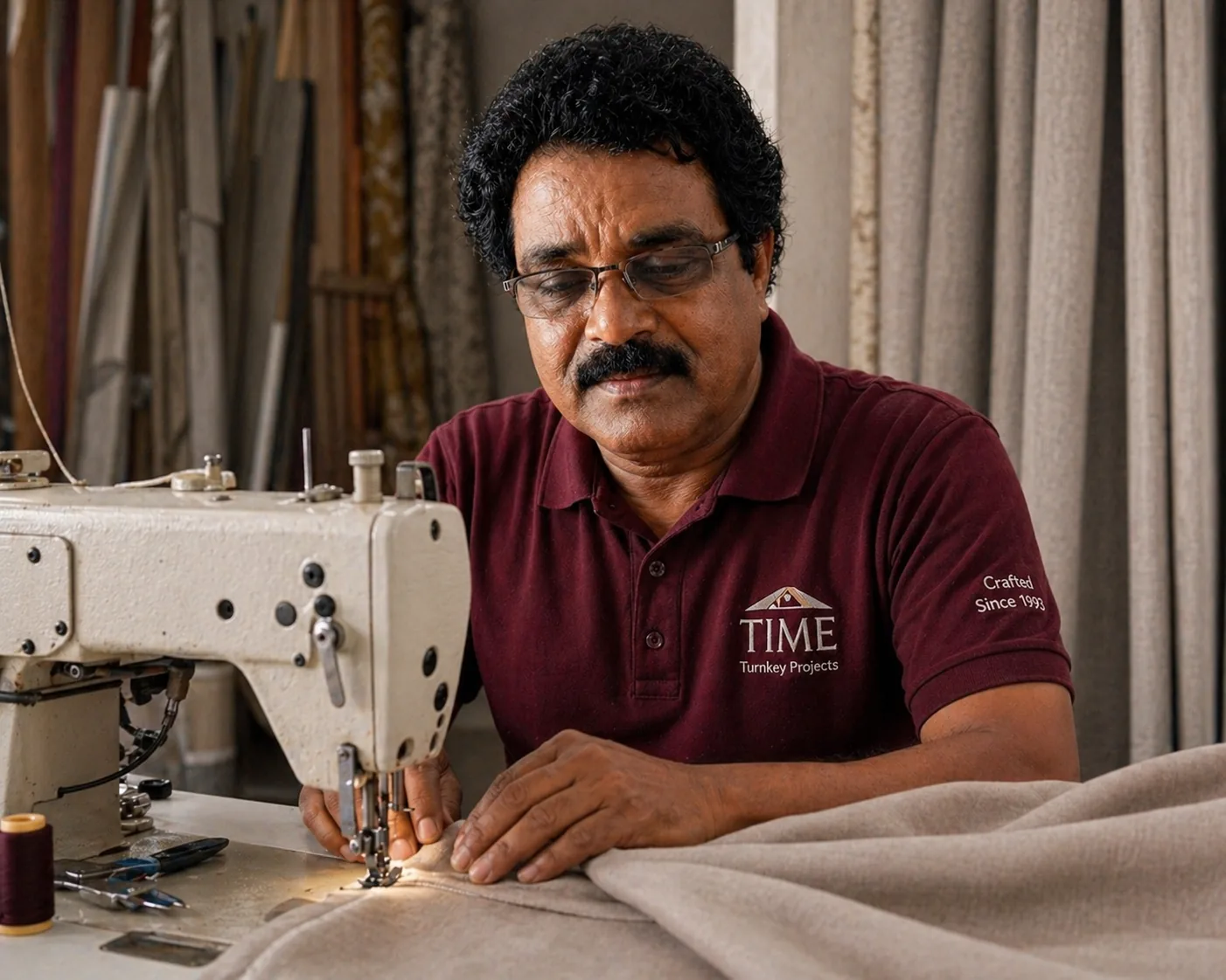 Time Furniture master craftsman stitching custom curtains in our Sharjah atelier — UAE since 1993