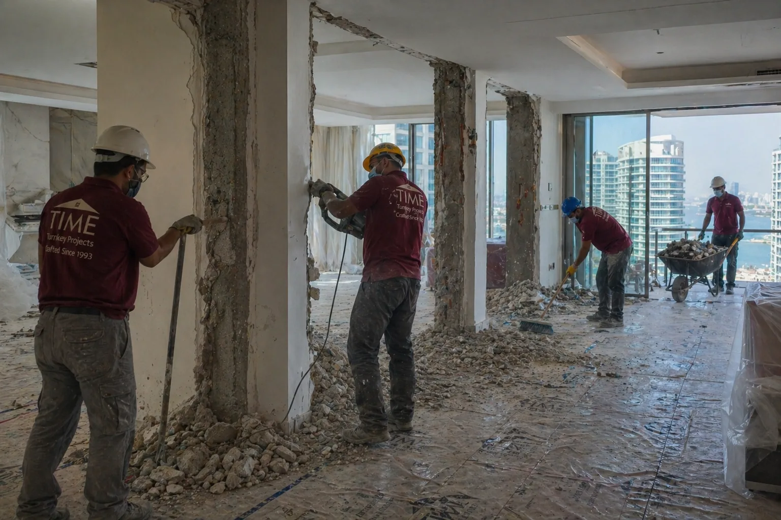 Time Furniture demolition crew on a controlled strip-out for a high-rise apartment renovation in Dubai